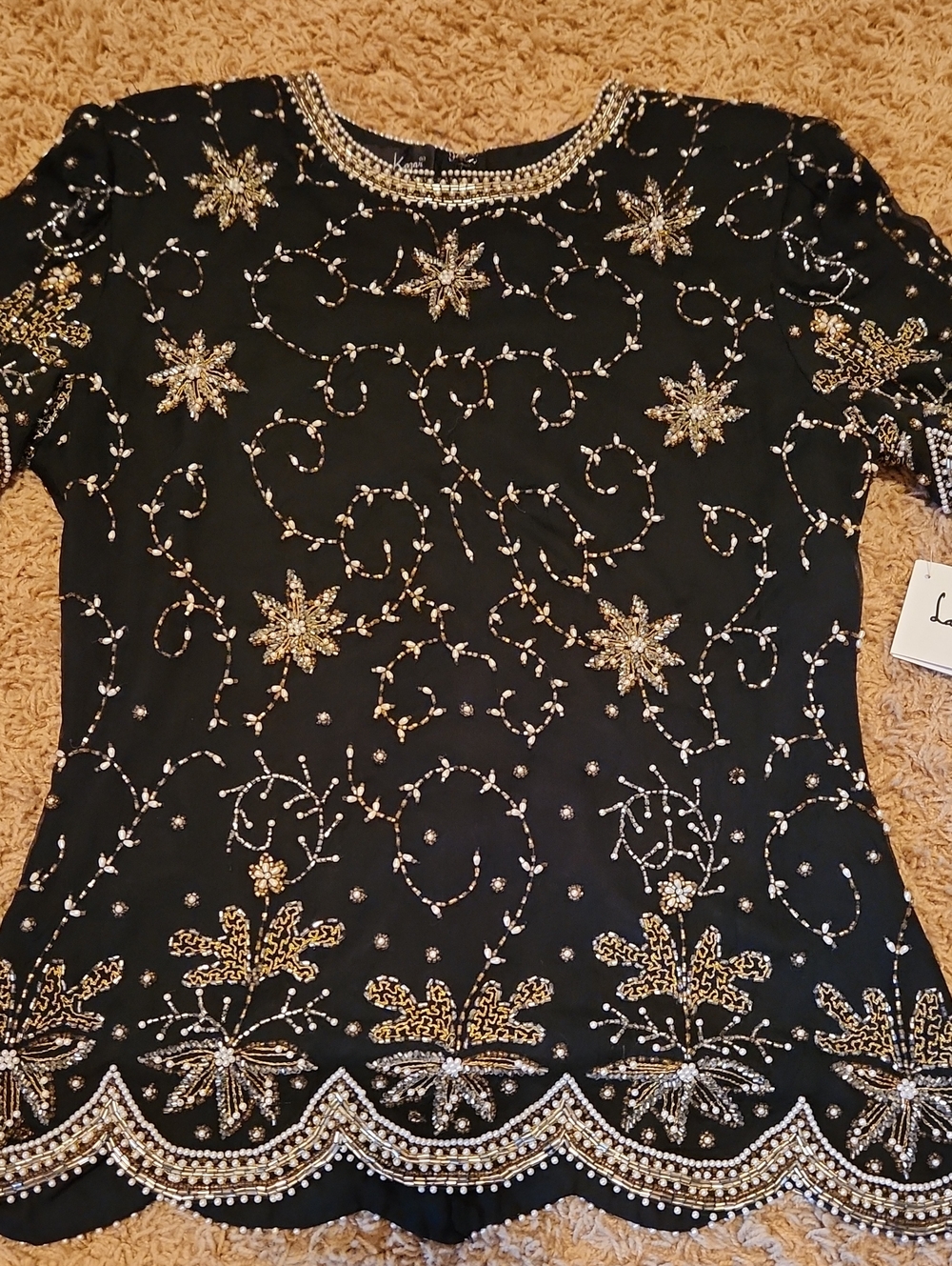 NWT Laurence Kazar Embellished Black Beaded Women's Top Size Medium
